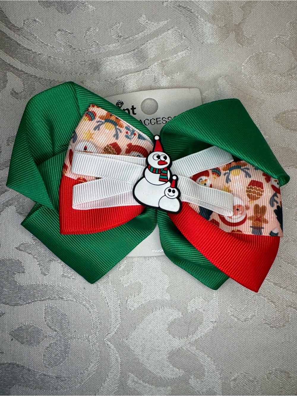 New MINT Kids Holiday Snowman Bow Hair Clip - Green & Red